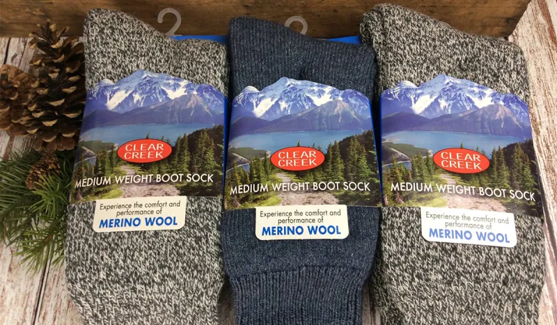 Merino wool socks in stock at Spruce & Hemlock Country Store on Lake Street in Tupper Lake.