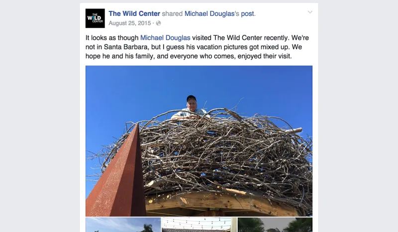 The Wild Center's Facebook post from August 2015 showing actor, Michael Douglas, enjoying the view from eagles nest on the newly opened Wild Walk.