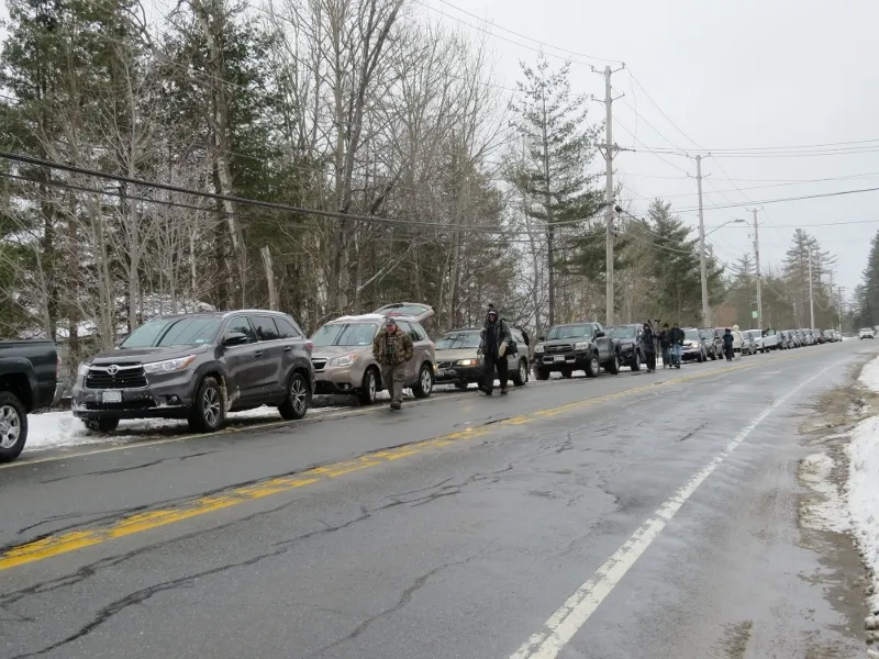 Cars of visitors lined up to see the Ross's Gull in Tupper Lake along Route 30, photo by Joan Collins