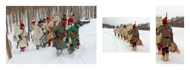 At left, soldiers flounder in the deep snow. Middle and left, soldiers are able to walk on packed snow, but their "raquettes" are carried in case of need. (photos courtesy Fort Ticonderoga re-enactors)