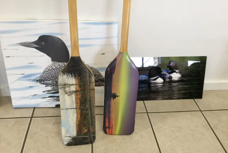 This art is full of Adirondack nature, even down to the painted canoe paddles.