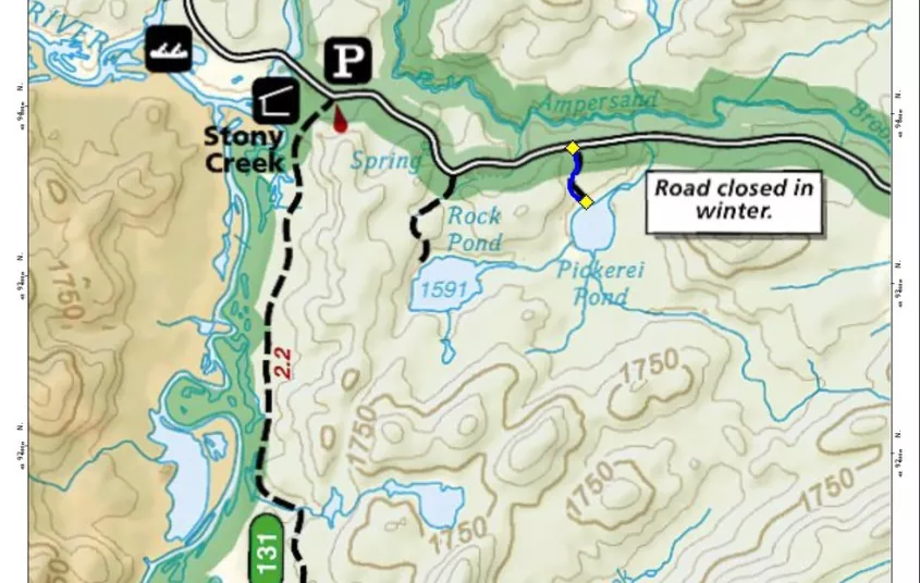 A map showing a few hiking trails