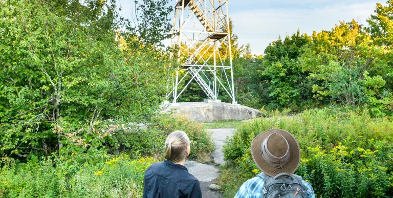 Two people look towards a firetower