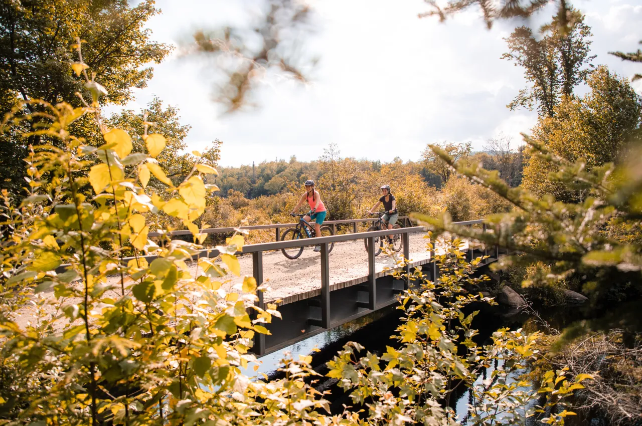 Two people cycling on the Adirondack Rail Trail in the fall.