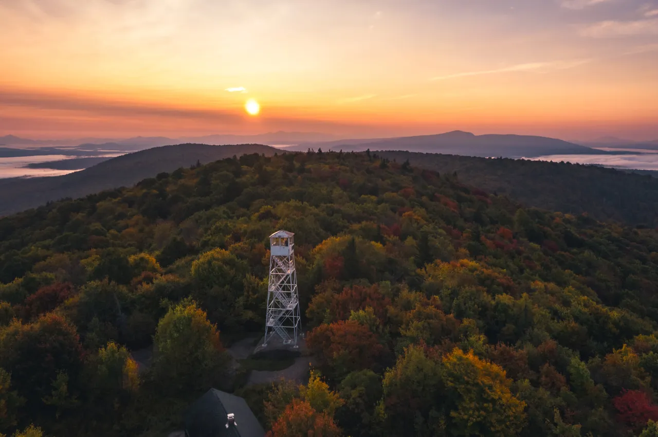 An aerial view of the Mt Arab fire tower in the fall.