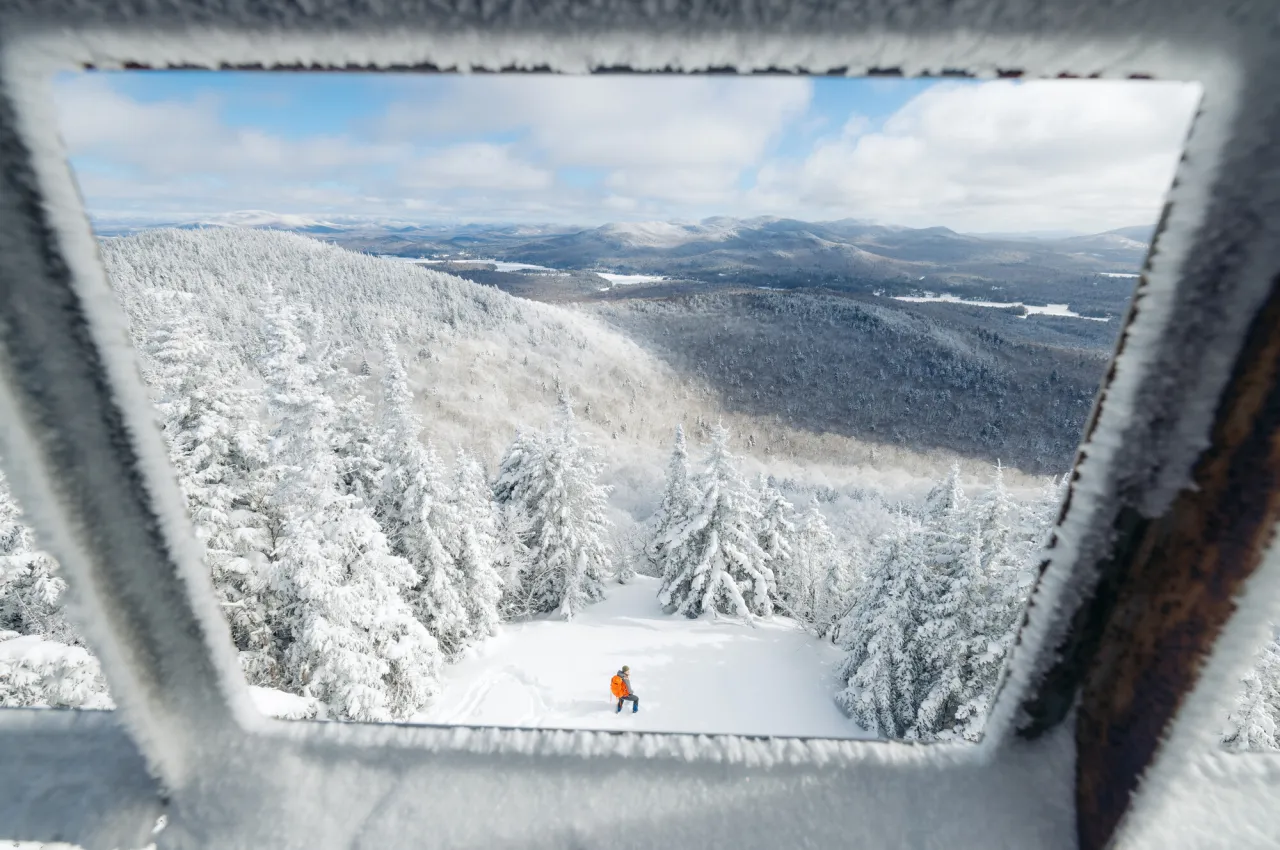 Aerial view of a hiker on a snowy slope surrounded by snow-covered trees.