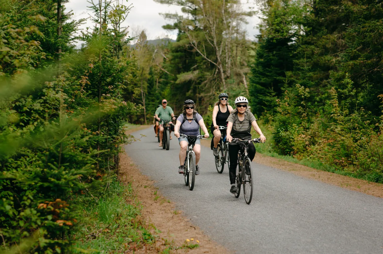 A group of cyclists ride on a paved trail in the woods. 