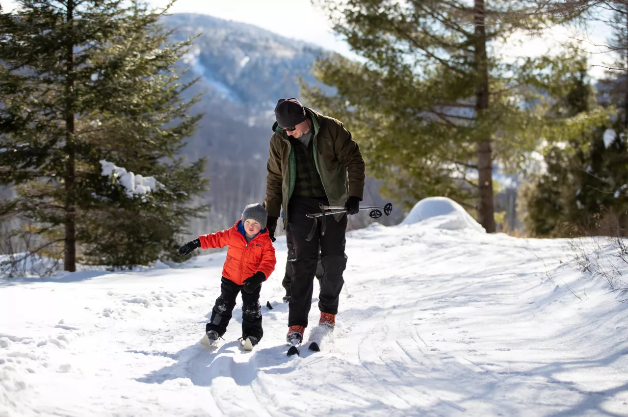 A man and a boy cross country ski on a snowy trail surrounded by evergreen trees