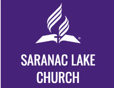 Logo for Saranac Lake Church with blue background and white lettering and an open book with flag rising from it