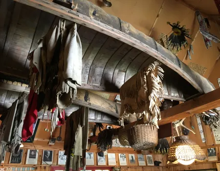 Boats hang from the ceiling