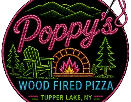 A logo to look like a patch with stitched letters for Poppy's Wood Fired Pizza Tupper Lake with a pizza oven in the center.