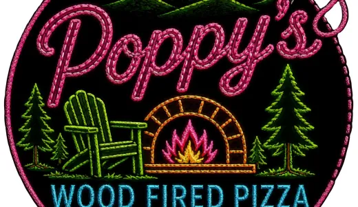 A logo to look like a patch with stitched letters for Poppy's Wood Fired Pizza Tupper Lake with a pizza oven in the center.