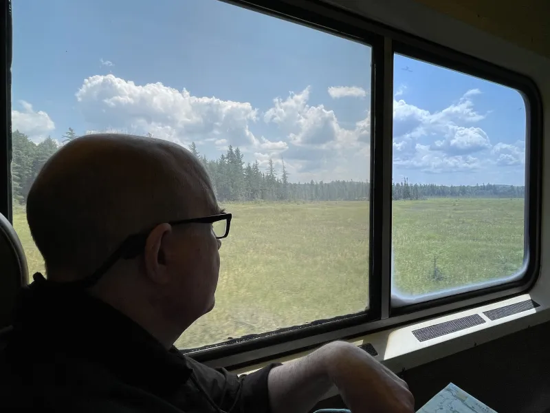 A man sits looking out a wide railcar window at a view of marsh and forest on a sunny day.