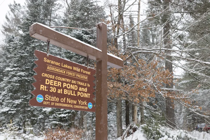 A large brown sign with yellow lettering for Deer Pond