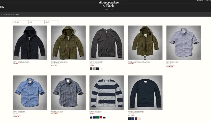 Screen shot of the Abercrombie & Fitch Tupper Lake clothing line.
