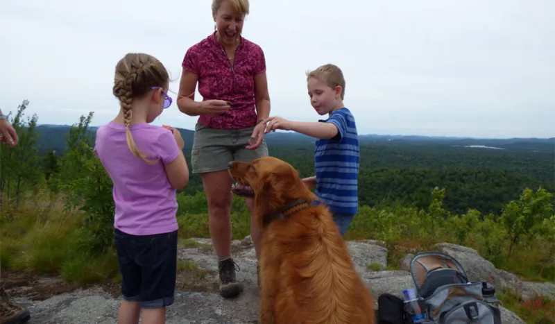 Even four-legged friends enjoy a snack and the view at the top of Coney Mountain