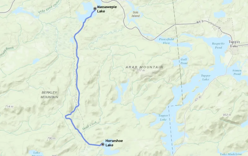 Our route from Massawepie Lake to Horseshoe Lake in Piercefield, NY