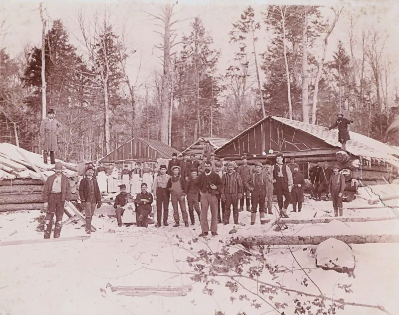 Bear Brook Logging Camp located upstream from the Bog River (c. 1915). Image - Jon Kopp collection.