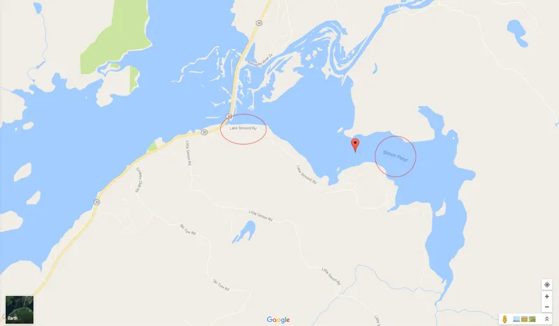 Google Map Image of Lake Simond Road & Simon Pond.