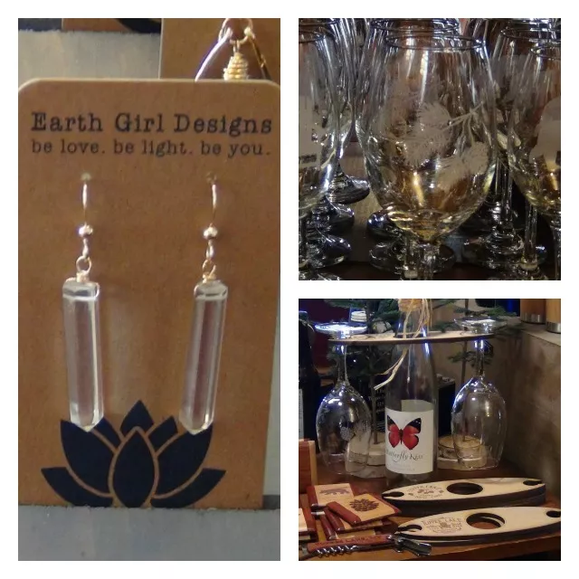 Even the items which aren't personalized have a special feel about them, as in the earrings on the left. The etched glassware can be personalized or simply show some iconic Adirondack images.