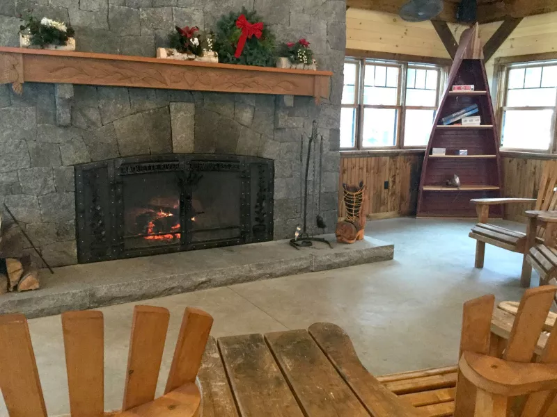 The new dining hall has a wonderful fireplace area for convivial conversation.