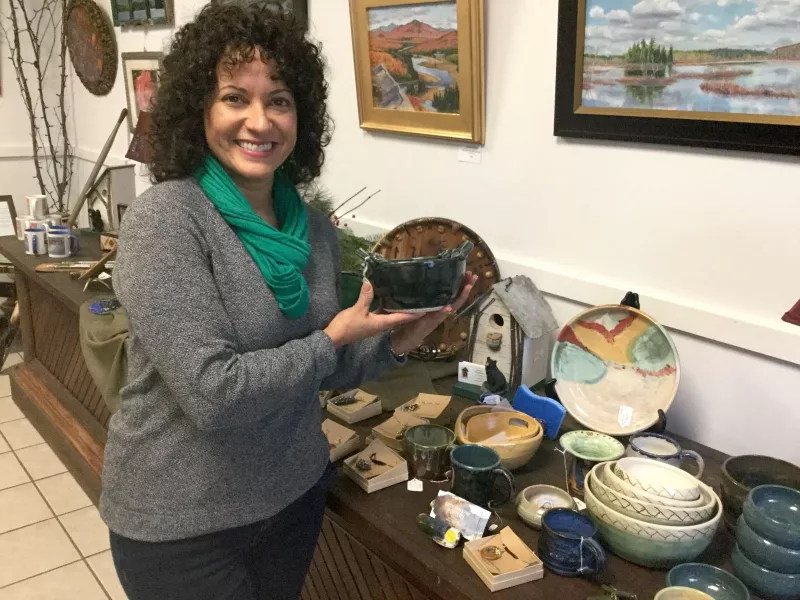 Brenda Hollis shows me her lovely pottery creations.