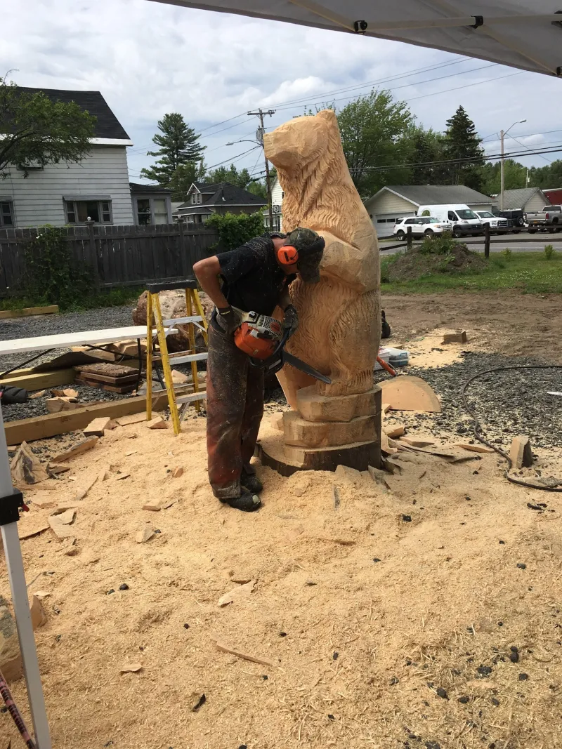 A chainsaw carver carves a bear.