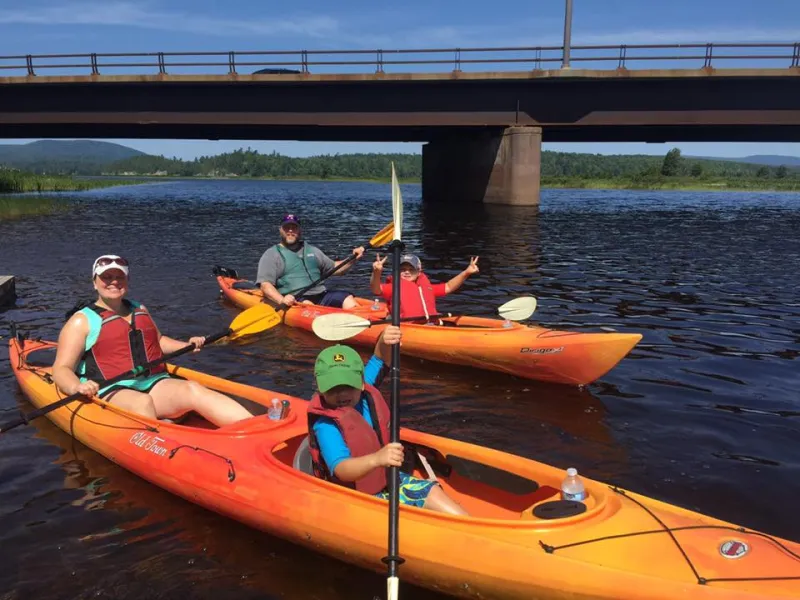 Two kayaks with adults and young children are paddled along a lake.