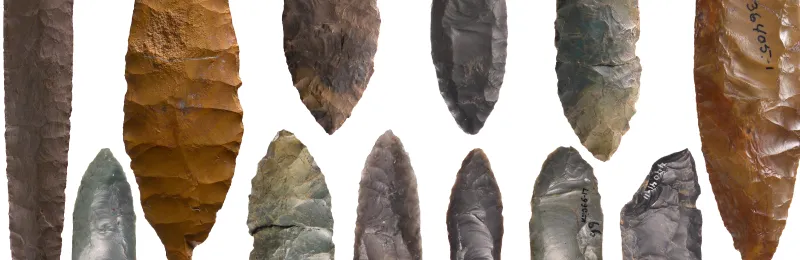 A close-up of arrowheads against a white background.