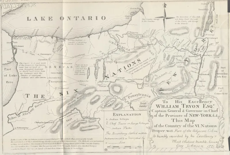 A hand-drawn map from 1771, showing the various Native American settlements in New York.