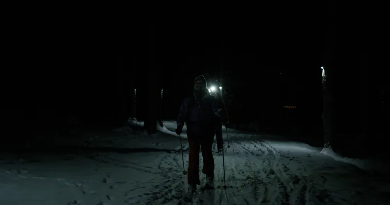 Two people ski through lights in the woods at night.