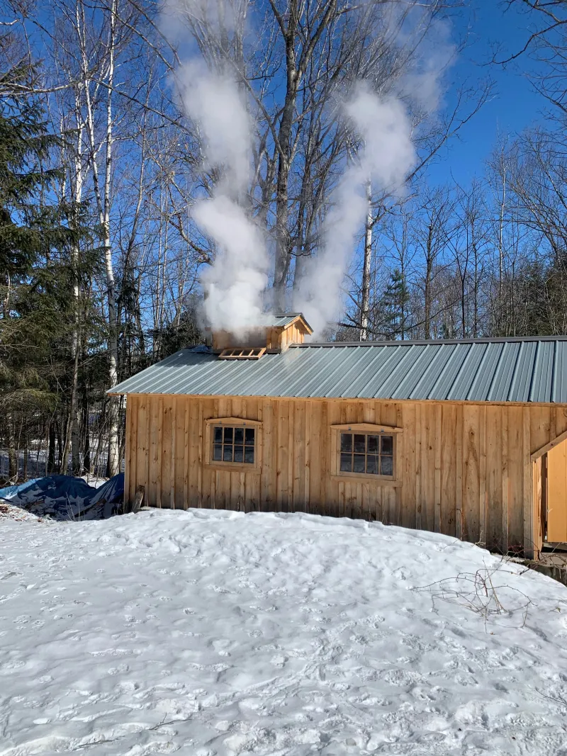 A sugar shack in snowy woods on a sunny day.