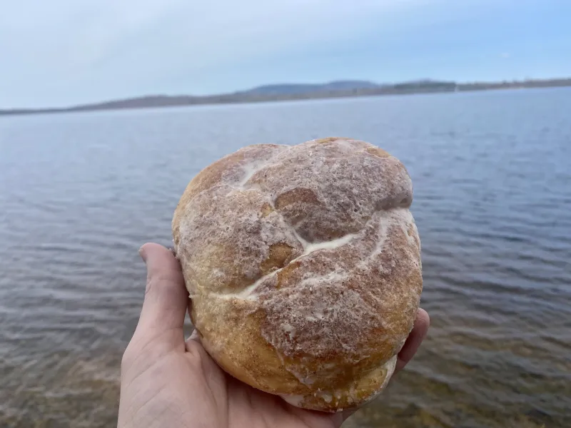 Close-up of a glazed cinnamon roll in front of a lake