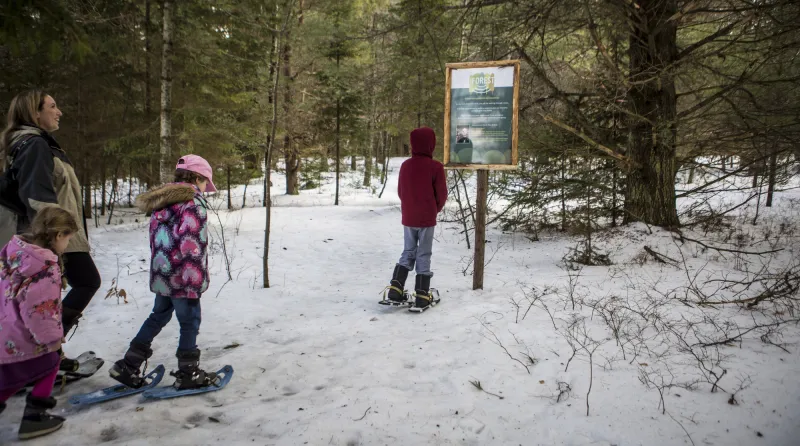 A young family explores the trails at The Wild Center on snowshoes