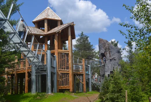 Wild Center wooden towers and metal canopies to walk across above the trees. 