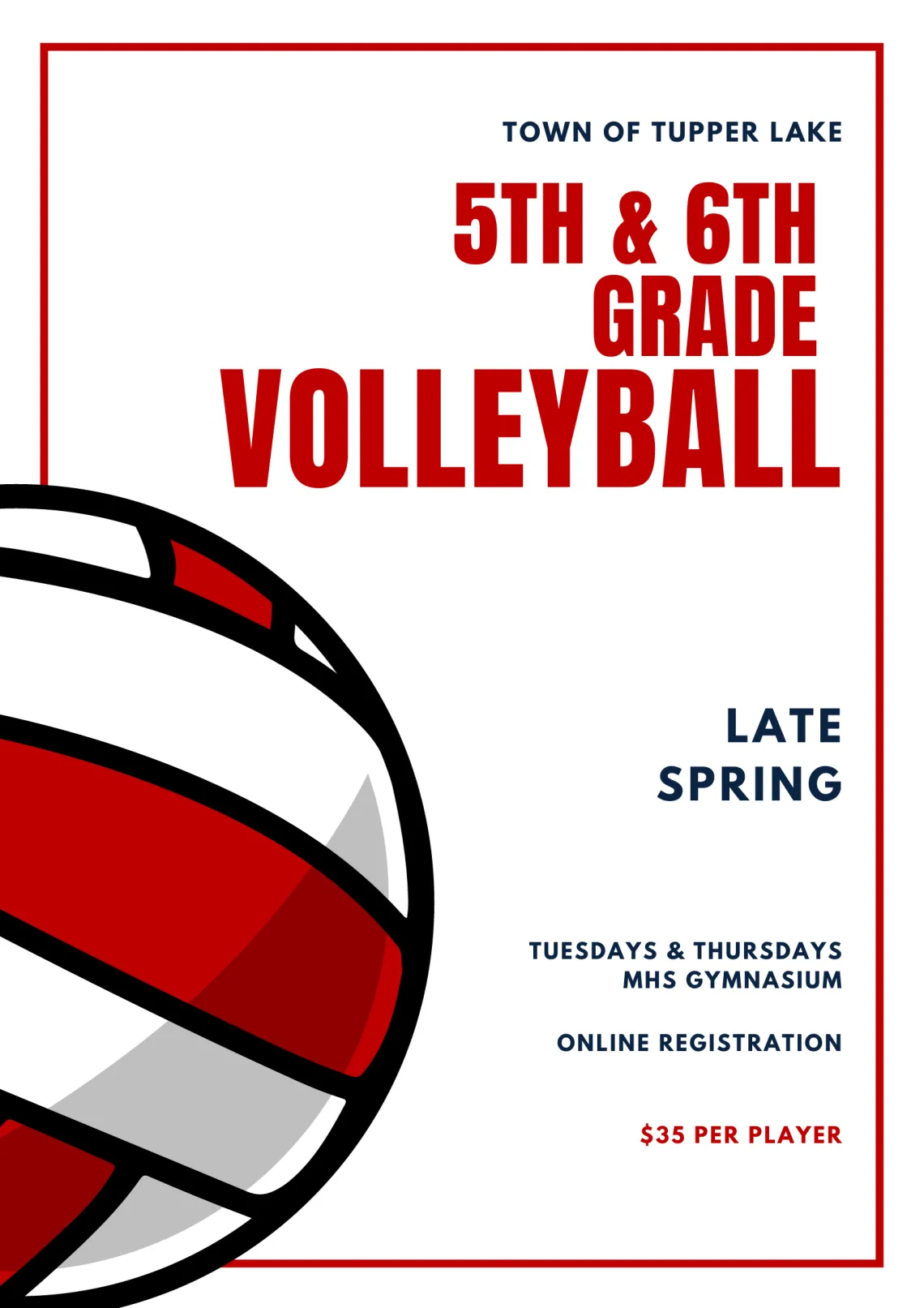 An illustrated flyer promoting a youth volleyball program for 5th and 6th graders in Tupper Lake.