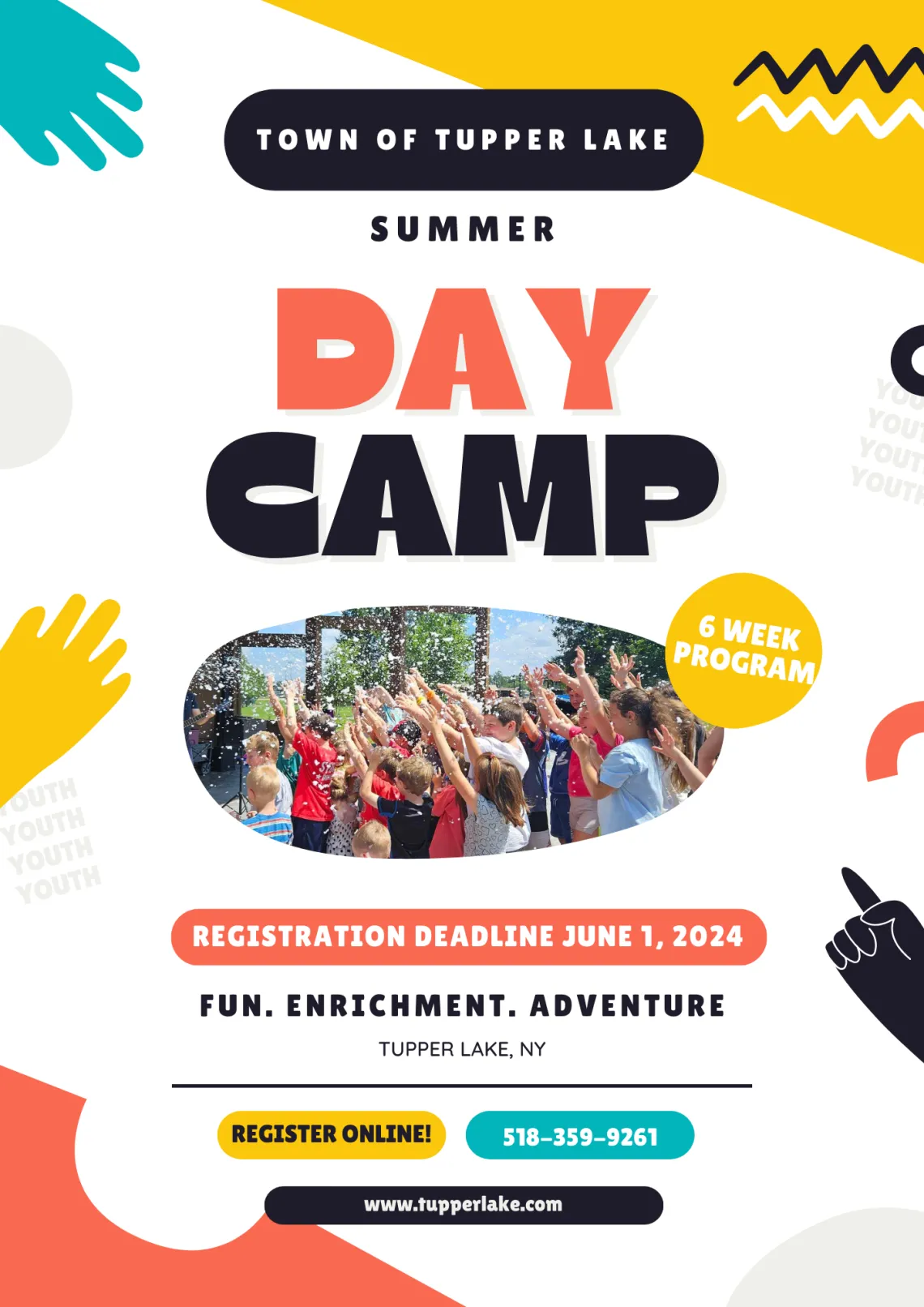 Illustrated flyer advertising summer day camp for children in Tupper Lake.