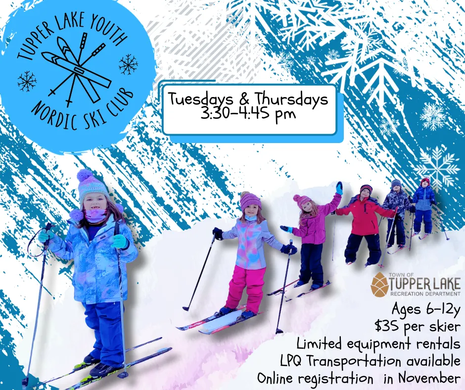 An illustrated flyer advertising the Tupper Lake Youth Nordic Ski Club.