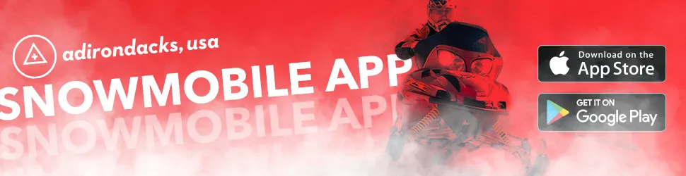 A red, black, and white graphic of a snowmobiler that reads "Adirondacks, USA Snowmobile App"