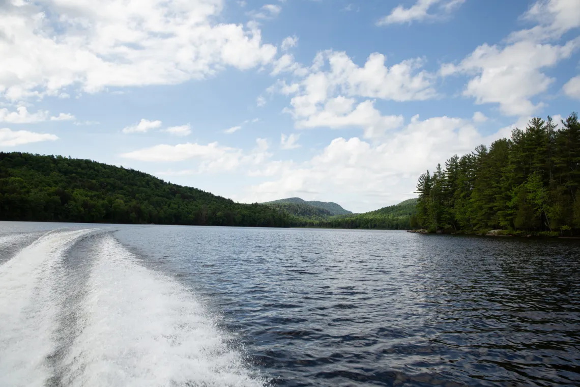 A view of the wake of a boat in the waters of an Adirondack lake