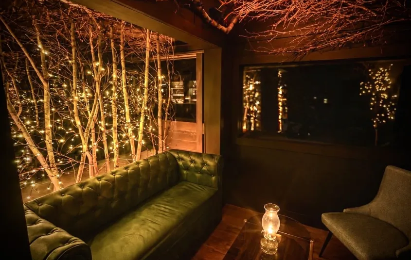 Large leather couch with glass coffee table and twinkle lights
