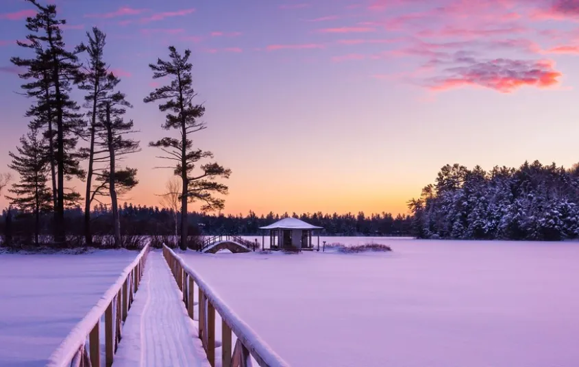The tea house and surrounding view blanketed in snow.