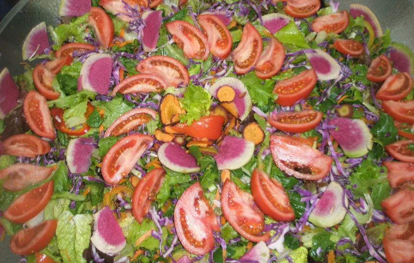 Large salad with tomatoes and red onion