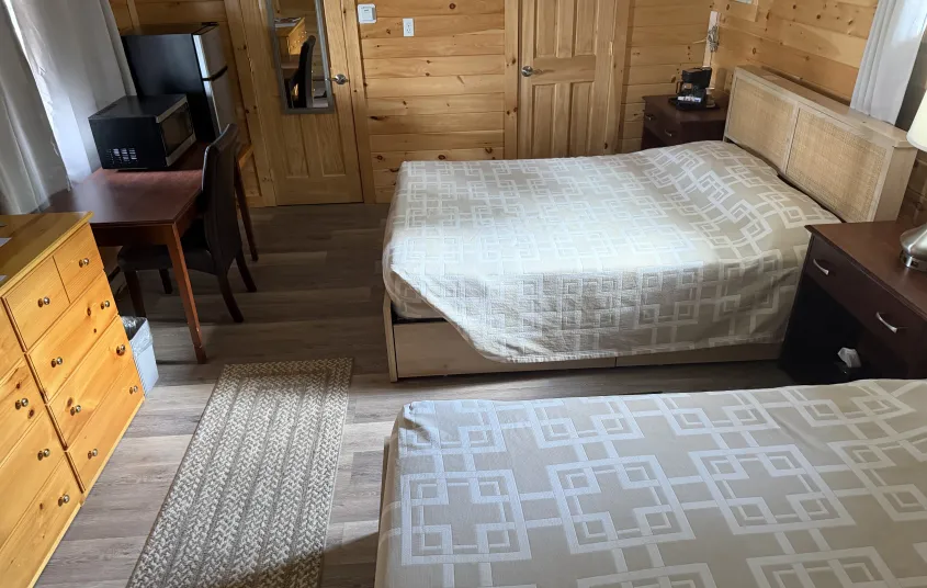 Two queen size beds in a room with a fridge