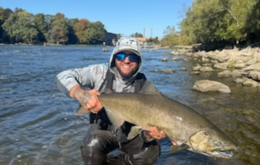 A man in waders holds a huge salmon.