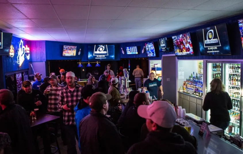 People gather at the Foul Line Bar.
