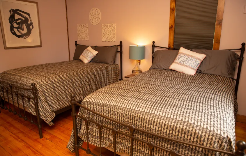 Metal bed frames in this two bed room.