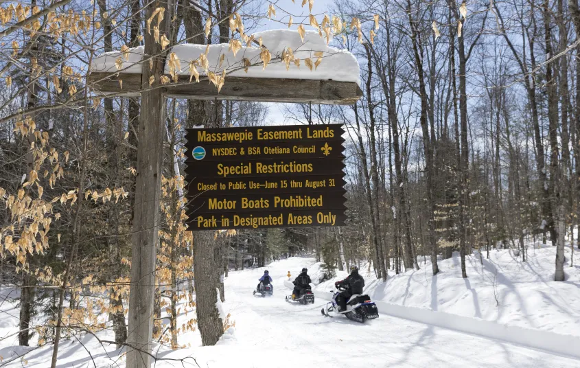 A sign for Massawepie Mire in the winter
