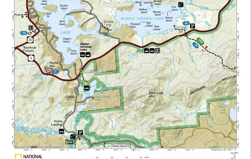 A map showing a few large ponds