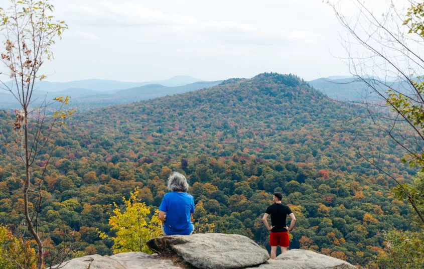 A couple people looking out over the wilderness